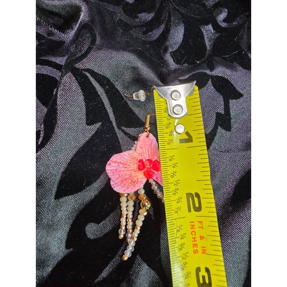 Handcrafted 18k Gold Plated Asian Inspire Ornamental Beaded Pink Orchid Earrings - Picture 6 of 7